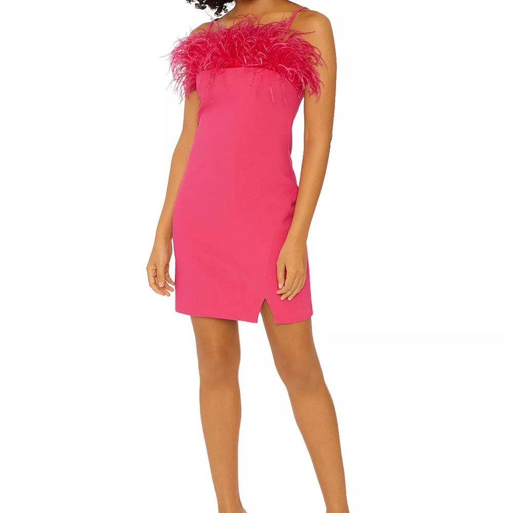 Likely Hot Pink Feather-Trim Mini Dress